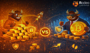 تقابل بیتکوین (طلای دیجیتال) و طلا؛ راهنمای تصویری صرافی رودیو برای انتخاب بهترین دارایی جهت حفظ ارزش سرمایه در مقابل تورم.