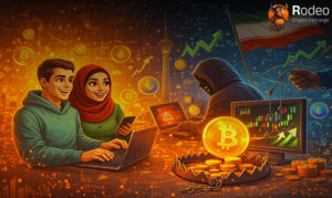 کاربران ایرانی ارز دیجیتال در حال استفاده از لپ‌تاپ و گوشی در کنار نمادهای برج میلاد و پرچم ایران، در حالی که یک هکر در پس‌زمینه با تله فیشینگ قصد سرقت بیت‌کوین آن‌ها را دارد.