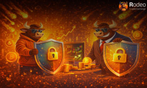 دو شخصیت گاو (نماد معامله‌گران بازار صعودی) در حال محافظت از سکه‌های بیت‌کوین و نمودارهای مالی با استفاده از سپرهای درخشان و قفل‌شده در برابر بارش شهاب‌سنگ‌ها.