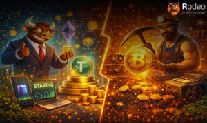 مقایسه روش‌های کسب درآمد از ارز دیجیتال؛ تفاوت استیکینگ (Staking) با نماد معامله‌گر مدرن و استخراج (Mining) با نماد معدن‌چی کلاسیک بیت‌کوین.