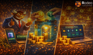 مفهوم استخر استیکینگ (Staking Pool) در ارز دیجیتال؛ نمایش مشارکت گروهی کاربران برای قفل کردن بیت‌کوین و تتر در یک گاوصندوق دیجیتال جهت دریافت پاداش شبکه.