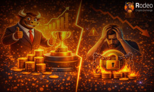 تضاد بین موفقیت و شکست در کریپتو؛ معامله‌گر پیروز با جام قهرمانی و دارایی‌های انباشته در مقابل فردی مستأصل که دارایی‌هایش قفل شده و در حال سوختن است.