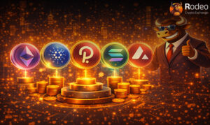 لیستی از بهترین ارزهای دیجیتال برای استیکینگ؛ لوگوی اتریوم، کاردانو، پولکادات، سولانا و آوالانچ بر روی سکوهای طلایی در کنار معامله‌گر موفق.