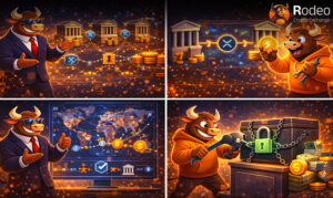 تصویر مفهومی کارتونی از حل مشکلات پرداخت بانکی با ریپل و XRP، شامل انتقال سریع، حذف واسطه‌ها و تسویه جهانی