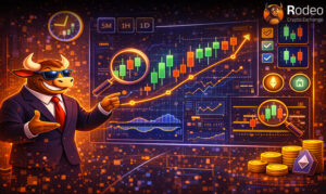اینفوگرافیک تحلیل تکنیکال بازار ارز دیجیتال شامل نمودار شمعی (Candlestick)، اندیکاتورهای صعودی و کاراکتر گاو معامله‌گر در پلتفرم.