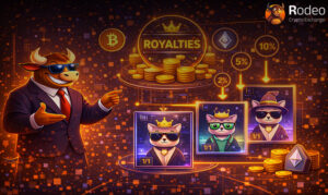 اینفوگرافیک مفهوم رویالتی (Royalties) در NFT با نمایش درصدهای ۲٪، ۵٪ و ۱۰٪، کاراکتر گاو معامله‌گر و آواتارهای گربه کلکسیونی در صرافی Rodeo.