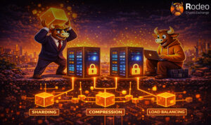 زیرساخت فنی صرافی ارز دیجیتال Rodeo شامل شاردینگ، فشرده‌سازی و توازن بار با طراحی گرافیکی فانتزی
