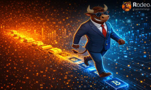 بیتکوین پیشگام عصر مالی نوین؛ نمایش نمادین انتقال سرمایهگذاری از طلا به ارزهای دیجیتال و تکنولوژی بلاکچین در پلتفرم Rodeo.