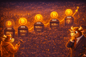 اینفوگرافیک سیر تاریخی هاوینگ بیتکوین؛ نمایش کاهش پاداش استخراج از ۲۵ واحد در سال ۲۰۱۲ به ۱۲.۵ در سال ۲۰۱۶، ۶.۲۵ در سال ۲۰۲۰ و پیشبینی هاوینگ ۲۰۲۴ بر روی نمودار صعودی قیمت در صرافی
