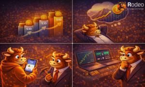 اینفوگرافیک استراتژیهای سرمایهگذاری در بیتکوین پیش از هاوینگ؛ نمایش انباشت تدریجی (DCA)، تحلیل نمودارهای قیمتی و دیدگاه بلندمدت صعودی همراه با کاراکترهای صرافی Rodeo در حال بررسی بازار.