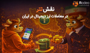 اینفوگرافیک بررسی نقش تتر (USDT) در بازار کریپتو ایران؛ نمایش نقشه ایران، پرچم جمهوری اسلامی و نماد برج میلاد در کنار تبادل سکه‌های تتر و اپلیکیشن موبایلی صرافی Rodeo برای کاربران ایرانی