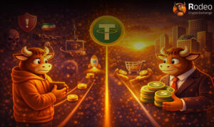 اینفوگرافیک مقایسه‌ای مزایا و معایب تتر در ایران؛ نمایش تضاد بین ریسک‌های امنیتی (سمت چپ با نماد اسکلت و زنجیر) و فرصت‌های خرید و سرمایه‌گذاری (سمت راست با نماد سبد خرید و شهر مدرن) در صرافی