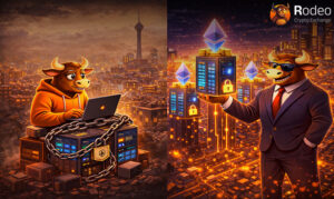 مقایسه نودهای ارز دیجیتال در ایران و جهان؛ تصویر گاو برنامه‌نویس با سرورهای قفل‌شده در تهران و گاو معامله‌گر با سرورهای ابری اتریوم در مقیاس جهانی صرافی