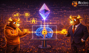 کاربردهای اصلی اتریوم؛ تصویر گرافیکی از نمادهای DeFi و NFT متصل به شبکه اتریوم و مغز دیجیتال امن، نشان‌دهنده تحول سیستم‌های مالی و مالکیت دیجیتال در دنیای واقعی