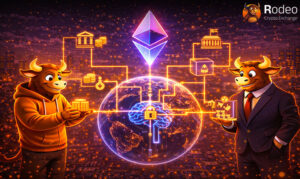 نقش اتریوم در تحول اقتصاد جهانی و سیستم‌های مالی دیجیتال؛ تصویر گرافیکی از پیوند اتریوم با زیرساخت‌های اقتصادی بین‌المللی و امنیت هوشمند بلاک‌چین.