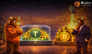 اینفوگرافیک مقایسه تتر (USDT) و بیت‌کوین (BTC)؛ نمایش تتر به عنوان نماد ثبات در محفظه شیشه‌ای و بیت‌کوین با نماد موشک در حال صعود، برای نمایش تفاوت استیبل‌کوین با ارزهای نوسانی در صرافی