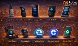 اینفوگرافیک مقایسه‌ای بهترین ولت‌های اتریوم؛ ردیف بالا شامل کیف پول‌های سخت‌افزاری Ledger Nano X، Ledger Stax و Trezor، و ردیف پایین شامل ولت‌های نرم‌افزاری MetaMask، Trust Wallet و Coinbase Wallet در صرافی