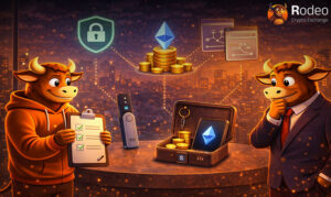 اینفوگرافیک آموزشی راه‌های امن نگهداری اتریوم (ETH)؛ نمایش انواع کیف پول‌های دیجیتال، گاوصندوق امن، قفل‌های حفاظتی و کاراکترهای گاو صرافی Rodeo در حال مدیریت دارایی‌ها