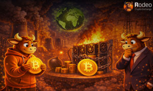 اینفوگرافیک معایب بیت‌کوین و اثرات زیست‌محیطی استخراج؛ نمایش نیروگاه‌های آلاینده، دکل‌های برق و دستگاه‌های ماینر در حال سوختن تحت تأثیر گرمایش زمین، همراه با کاراکترهای صرافی