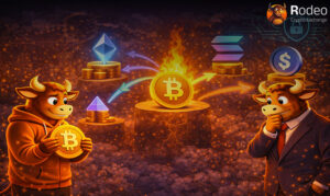 اینفوگرافیک معرفی جایگزین‌های بیت‌کوین (Altcoins)؛ نمایش خروج سرمایه از بیت‌کوین مشتعل به سمت اتریوم، سولانا و استیبل‌کوین‌ها برای مدیریت ریسک و تنوع‌بخشی سبد دارایی در صرافی